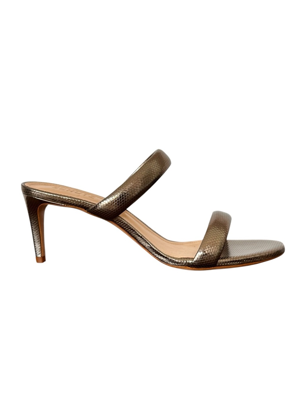 Schutz Women’s Aneli Reptile Embossed Metallic Leather Heeled Sandals Size 11